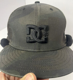 New Era 59fifty DC Embroidered Logo Black Fleece Ear Flap Camo Green Cup 7 1/2